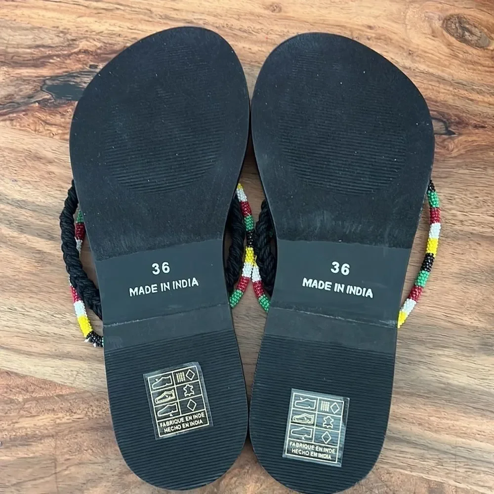 NWT Free People Menorca Thong Flip Flop Leather Beaded Sandal 36 black